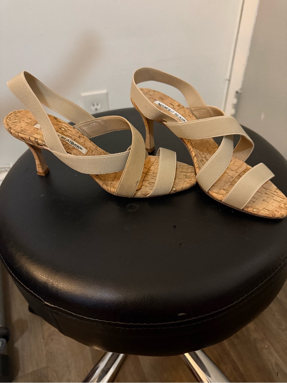 Manolo Blahnik Beige Cork Strappy Slingback Heels